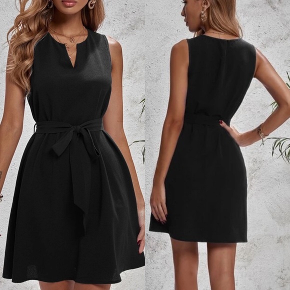 Dresses & Skirts - Notched v neck sleeveless belted tunic dress black